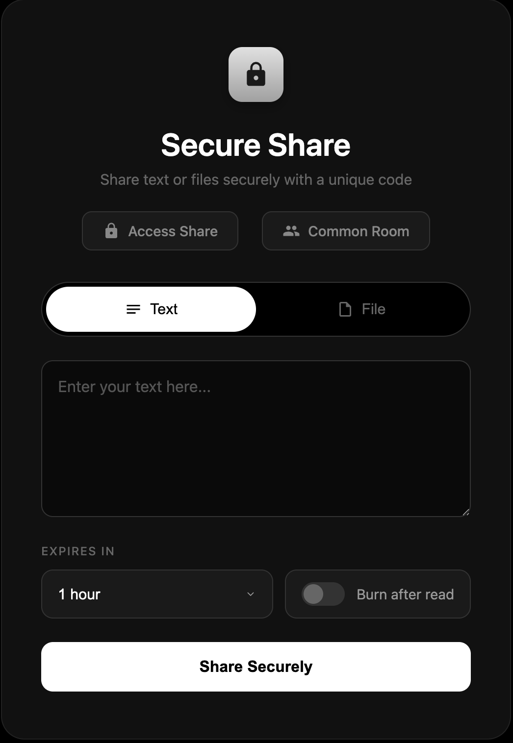 Freeyo - Main interface showing text and file sharing options with expiry settings